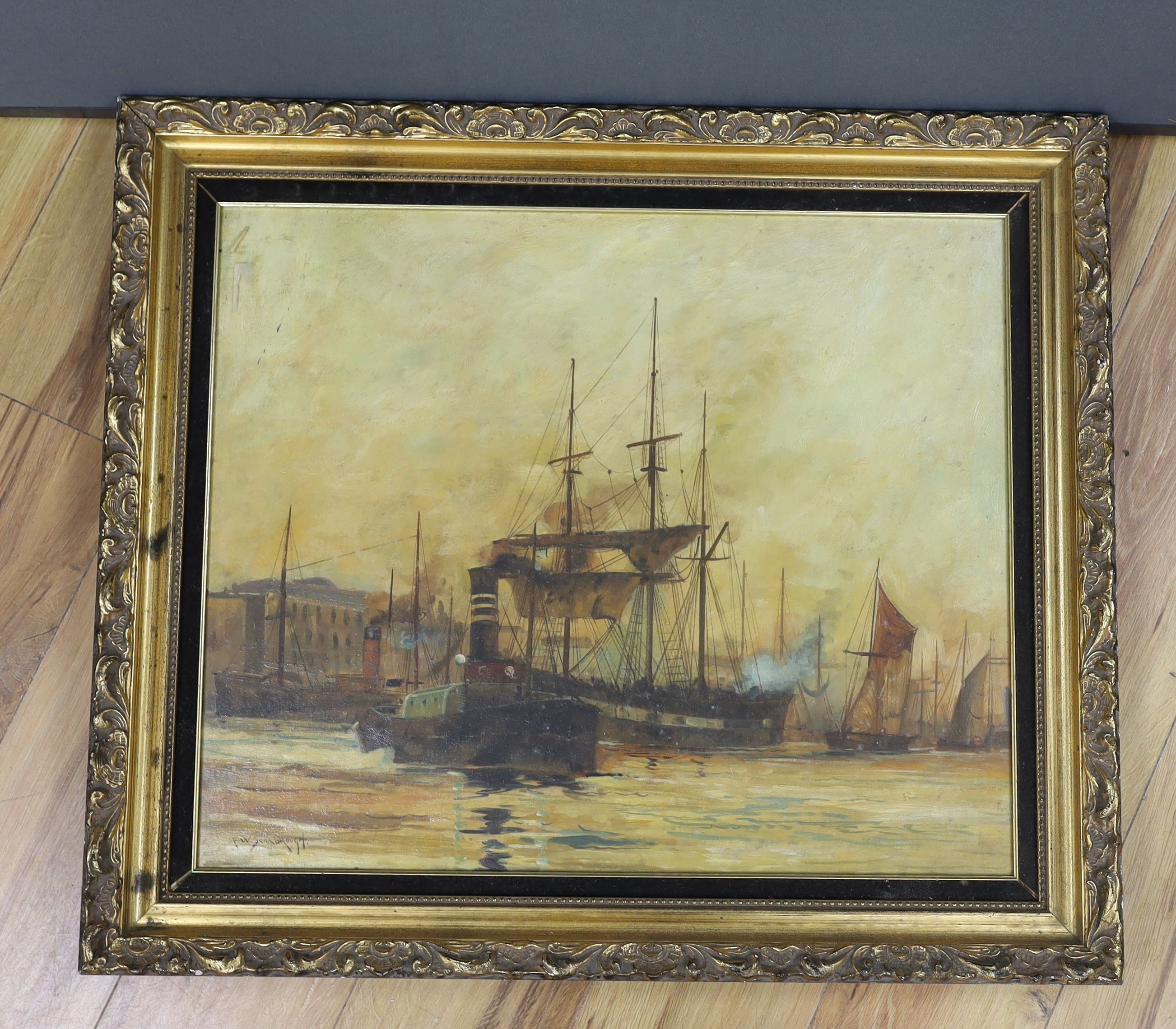 After F.W. Scarborough, oil on canvas, Shipping on The Thames, bears signature, 50 x 60cm